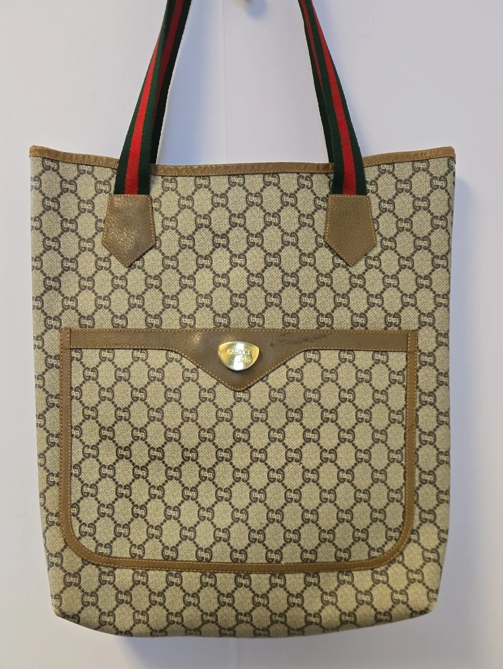 EUC Gucci Plus Vintage Beige GG Coate Canvas Tote with Sherry Line Handles